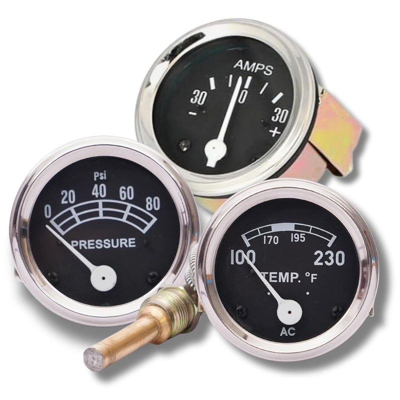 VR Autopedia Amp Oil Temp Gauge Set for Ford Tractors - Fits NAA, 2N, 8N, 9N, 600, 601, 700, 701, 800, 801, 900, 901, 2000, 4000 Jubilee | 100-230F, 0-80 PSI, 30-0-30 | Chrome-Faced - Image 1